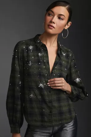 Pilcro Anthropologie Embroidered Sequin Plaid Flannel Shirt Size Small thumbnail 1