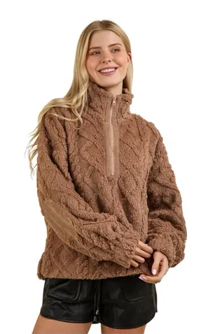 Kate Park Brown Cable Diamond Pattern Teddy Sherpa Fleece Quarter-Zip Pullover M thumbnail 1