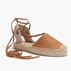 SALUDOS Wrap Gladiator Leather Tan Espadrille Flats Size 6 thumbnail 2
