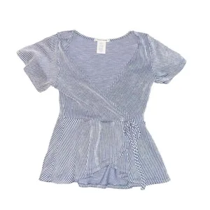 Caution To The Wind Blouse Womens S Blue & White Striped Wrap‎ Peplum Top thumbnail 2