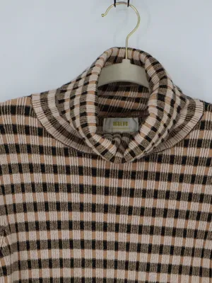Maeve Anthropologie Sweater Large Fitted Stretch Plaid Cowl Neck Brown Black thumbnail 3