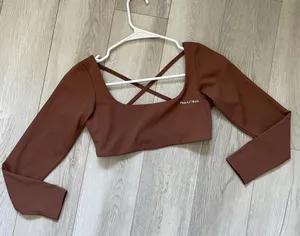 Peachy Bunz Strappy Backless Cropped Long Sleeve Workout Top Brown (Large) gym thumbnail 1