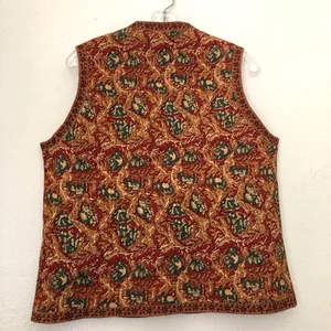 90s Retro Vintage red orange green brown paisley quilted vest sleeveless jacket tunic mock neck Size L, measurement in pics #boho #whimsygoth thumbnail 3