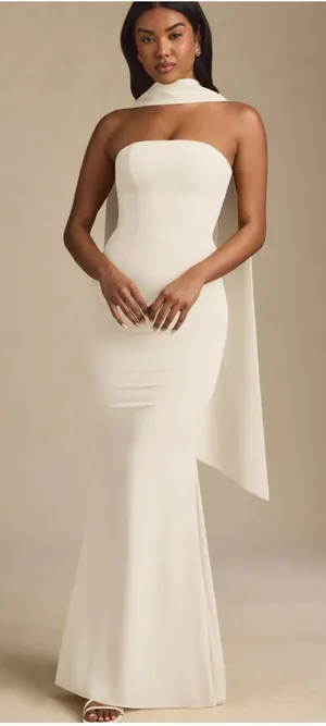 Oh Polly Imogene Scarf-Detail Strapless Gown Maxi Dress in Ivory Size 4 thumbnail 1