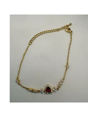 Gold Tone Chain Bracelet with Heart-Shaped Red Stone and Crystal Accents thumbnail 2