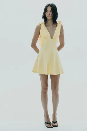 Zara Yellow V-Neck Tie-Shoulder Fit & Flare Dress thumbnail 3