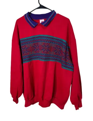 Vintage Nucleus Red Patterned Knit‎ Collar Pullover Sweater Retro 90s Top 2X thumbnail 1