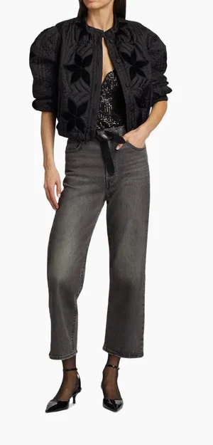 Free People Quinn Quilted Jacket with Velvet Floral Detail in Black thumbnail 1