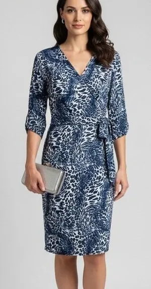 Berydress Blue White Animal Print Wrap Dress Sz Large 3/4‎ Sleeve Women's Midi thumbnail 1