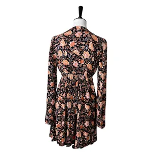Billabong New Blouson Dress Deep V-neck Long Sleeve Black Floral Women’s Size M thumbnail 4