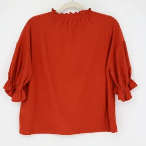 Madewell Women's Ruffle Mock Neck Short Sleeve Clip Dot Top Russet Orange Small thumbnail 8