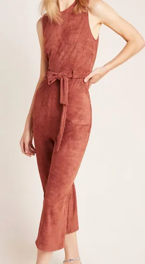 Anthropologie Sleeveless Faux Suede-Look Belted Jumpsuit in‎ Rust Brown large thumbnail 1