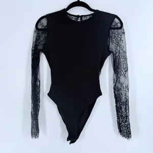 SheIn Women’s Black Lace Long Sleeve Cut Out Back Bodysuit Size Medium thumbnail 5