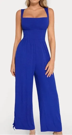 Popilush Sleeveless Square Neck Ribbed Cinch Wide Leg Jumpsuit Blue NWT M thumbnail 1