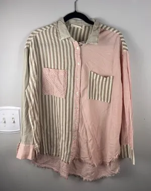 Millibon Linen Cotton Patchwork Stripe Button Shirt Raw Hem Hi Low Oversized M thumbnail 1
