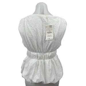 NEW Zara White Textured Bow Sleeveless Plunge V Neck Blouse Crop Tank Top Size L thumbnail 3
