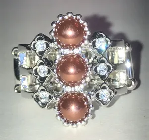 Elegant Three-Stone Faux Pearl and Crystal Statement Ring - Silver Tone thumbnail 1