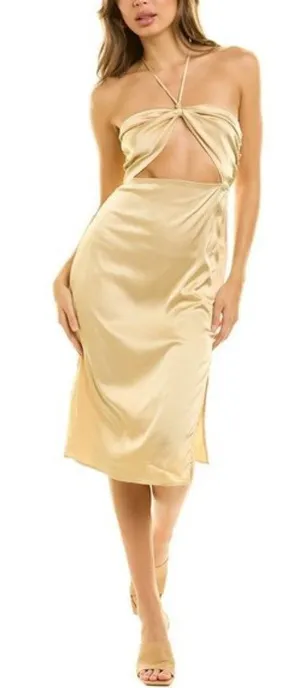Danielle Bernstein Gold Yellow Silk Satin Halter Cutout Pencil Midi Dress Size L thumbnail 1