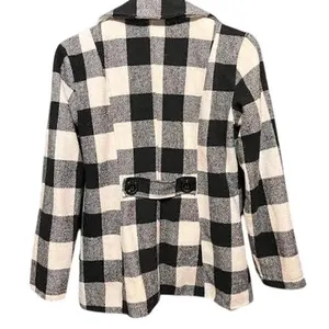 ME JANE Womens Plaid Pea Coat Jacket S Black‎ White Checkered Double Breasted thumbnail 2