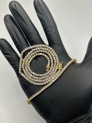 Moissanite Iced Out Tennis Chain and Bracelet Set Gold 3mm VVS1 22” and 7” thumbnail 1