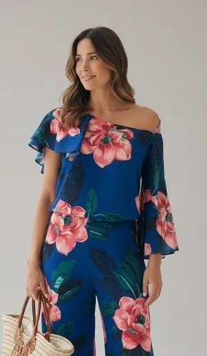 Banana Republic Tropical Blue Floral Cold Shoulder Flutter Sleeve Blouse Top XL thumbnail 1