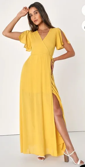 Lulu's Yellow Short Sleeve V-neck Front Slit Maxi Dress thumbnail 1