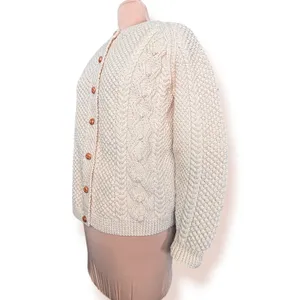Vintage Aran Fisherman Cable Knit Cardigan Cream Wool Blend Cozy Sweater Classic thumbnail 5