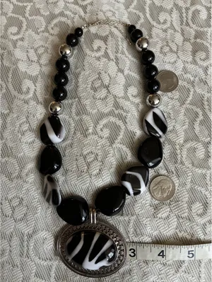 Chunky Black & White Zebra Print Statement Necklace – Large Oval Pendant 20-23” thumbnail 4