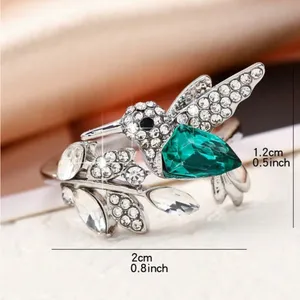 Elegant Silver Tone Hummingbird Rhinestone Ring with Green Gemstone thumbnail 3