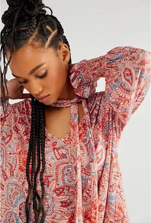 Free People Vista Dreams Top Printed Smocked Long Sleeve V Neck Blouse Tie M thumbnail 2