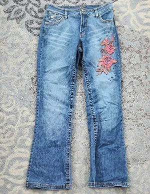 D Jeans Floral Embroidered Y2K Denim Jeans Blue Pink 30 thumbnail 1