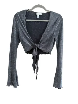 Women's Urban Outfitters Silver Black Tie-Front Crop Top Size M thumbnail 2