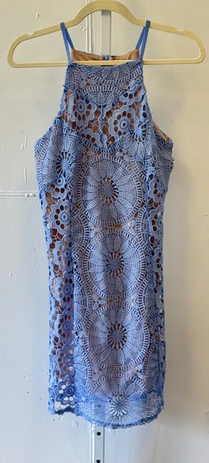 Francesca's Blue Crochet Lace Halter Mini Dress Garden Party Medium Cocktail thumbnail 1