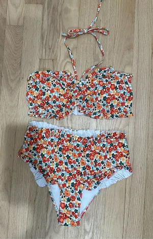 Aerie Shein Orange Multi Floral Ruffle Bikini Set thumbnail 1