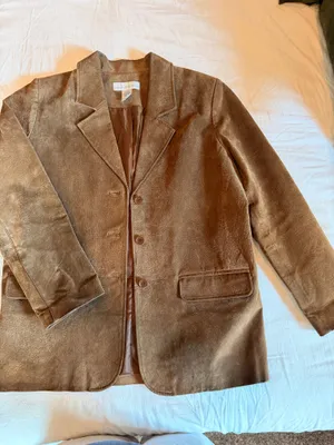Vintage Y2K Genuine Leather Blazer S Taupe Brown 90s Minimalist thumbnail 1