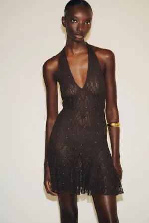 Zara Brown Lace Ruffled Crochet Halter Bohemian Summer Dress thumbnail 9