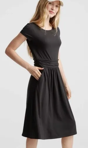Quince Womens Black Tencel Jersey Ruched Waist Dress sz M NWT Short Sleeve Midi thumbnail 1