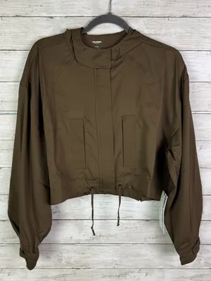 girlfriend collective cropped utility hooded jacket in brown size large thumbnail 2