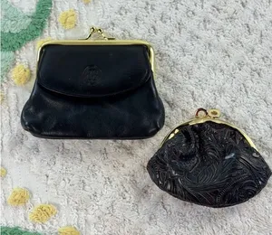 Vintage Buxton Leather Coin Purse &‎ Tooled Floral Kiss Lock Pouch Set Black thumbnail 1