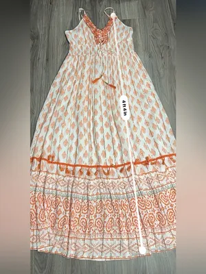 Me 2 Magic Boho Maxi Dress Orange White Embroidered V-Neck Fringe. thumbnail 15