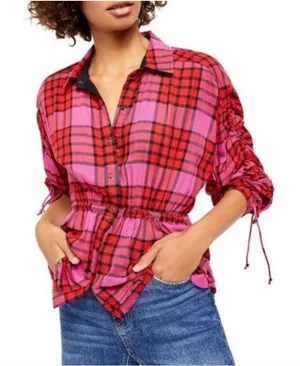 Free People Women's Pink Red Plaid Wool Blend Pacific Dawn Shirt Sz L Flannel thumbnail 1