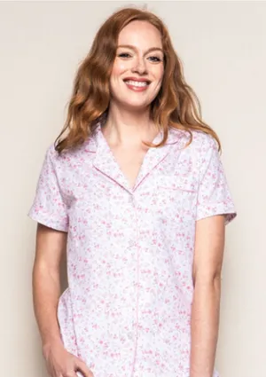 Petite Plume Pink White Floral Cottagecore Button-up Short sleeved Pajama Top M thumbnail 1