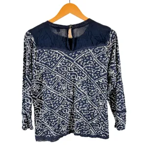 Lucky Brand | L | Navy Patterned Lace Accent Cotton Boho Peasant Shirt Top thumbnail 8