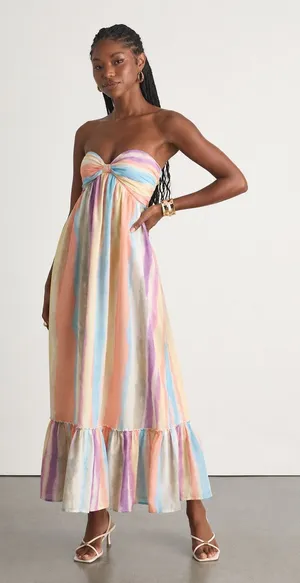 NWT Lulus Kelia Peach Multi Striped Midi Dress Coastal Resort Vacay Ruffled Sz L thumbnail 1