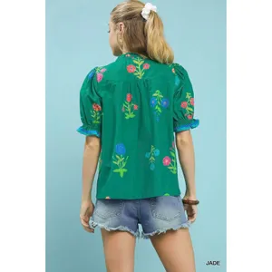 Umgee Petal Parade Print Button-Down Blouse - Jade - Small thumbnail 3