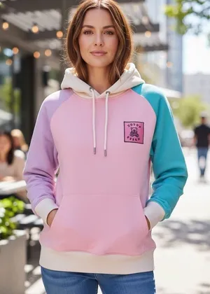 Teddy Fresh Colorblock Hoodie Pastel Pink Purple Teal Cotton Sweatshirt‎ Small thumbnail 1