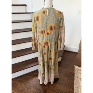 Origami Green Tan Sunflower Burnout Lace Trim Renaissance Boho Western Dress thumbnail 3