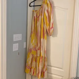 Anthropologie Little Lies Costa Rica One Shoulder Linen Pink Yellow Dress thumbnail 5