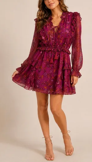 Cleobella Everly Floral Ruffle Mini Dress Medium Magenta Boho Long Sleeves thumbnail 1