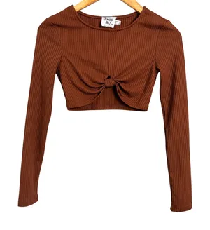 Princess Polly Ribbed Brown Twist Front Long Sleeve Crop Top Size US 2 thumbnail 1